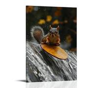 XMHMYHZJ Decorazione artistica da parete moderna da appendere con uno scoiattolo che scorre giù da una cascata utilizzando una foglia lucida come tavola. Poster artistico da appendere, 60 x 90 cm