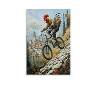 XMHMYHZJ Decorazione artistica da parete, motivo: gallo che cavalca una mountain bike su ciottoli in un villaggio che si arrampica su una collina in montagna, poster artistico da appendere, 50 x 75 cm
