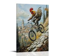 XMHMYHZJ Decorazione artistica da parete, motivo: gallo che cavalca una mountain bike su ciottoli in un villaggio che si arrampica su una collina in montagna, poster artistico da appendere, 50 x 75 cm