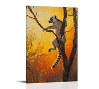 XMHMYHZJ Dipinto a olio con animali: un lemure che salta tra i rami degli alberi in una sfida di agilità temporizzata sotto la luce del tramonto dorato, decorazione artistica da parete, decorazione