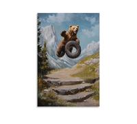 XMHMYHZJ Dipinto a olio con animali: un orso che fa un pneumatico si capovolge in un percorso ad ostacoli su un sentiero di montagna, decorazione artistica da parete moderna, poster artistico da