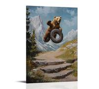 XMHMYHZJ Dipinto a olio con animali: un orso che fa un pneumatico si capovolge in un percorso ad ostacoli su un sentiero di montagna, decorazione artistica da parete moderna, poster artistico da
