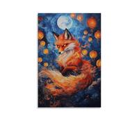XMHMYHZJ Dipinto ad olio con animale, volpe mistica a nove code che balla sotto il cielo illuminato dalla lanterna di un festival orientale, decorazione artistica da parete, decorazione moderna da