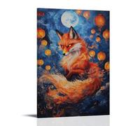 XMHMYHZJ Dipinto ad olio con animale, volpe mistica a nove code che balla sotto il cielo illuminato dalla lanterna di un festival orientale, decorazione artistica da parete, decorazione moderna da