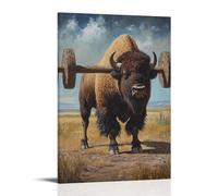 XMHMYHZJ Dipinto ad olio con animali - Un bisonte che solleva pesi su un campo praterico con bilanciere fatto di tronchi d'albero, decorazione artistica da parete, decorazione moderna, poster
