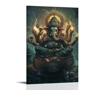 XMHMYHZJ Ganesha si siede in cima a un piedistallo di loto, le sue molte mani che tessono la luce in motivi che increspano attraverso il cielo. Decorazione artistica da parete moderna da appendere