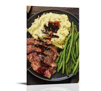 XMHMYHZJ Poster artistico da appendere alla parete con cibo di un piatto con bistecca accanto a purè di patate e decorazione moderna da appendere, 60 x 90 cm