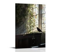 XMHMYHZJ Poster artistico da appendere alla parete con immagine di un merlo canta dalla rotaia mentre la luce splende attraverso l'edera che copre la navata, decorazione moderna da appendere, 20 x 30