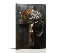 XMHMYHZJ Poster artistico da appendere alla parete con leopardo che si arriccia intorno ai piedi di un crocifisso, custodendolo come se fosse il suo cucciolo. Decorazione artistica da parete moderna