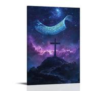 XMHMYHZJ Poster artistico da appendere alla parete con una pergamena contenente i Vangeli che galleggia nel cielo sopra una croce di montagna, svelandosi nella luce delle stelle. Decorazione artistica