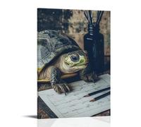 XMHMYHZJ Poster artistico da appendere alla parete con una tartaruga che affila matite accanto a un calendario e una bottiglia di inchiostro, decorazione moderna da appendere, 40 x 60 cm