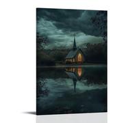 XMHMYHZJ Poster artistico da appendere alla parete, decorazione moderna da appendere, 20 x 30 cm, motivo: una tempesta che si irrita sopra la cappella, ma la croce riflessa nel lago rimane