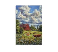 XMHMYHZJ Poster artistico da appendere alla parete, decorazione moderna da appendere con mucche al pascolo e fienile rosso, con scritta "A Summer Day on the Farm", 60 x 90 cm