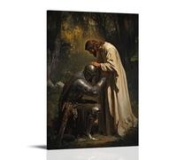 XMHMYHZJ Poster artistico da appendere alla parete, decorazione moderna da appendere, motivo: Cavaliere ferito si inginocchia davanti a Gesù, che rimuove delicatamente il casco e lo guarisce con un