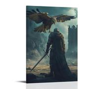 XMHMYHZJ Poster artistico da appendere alla parete, decorazione moderna da appendere, motivo: un falco atterra sul braccio corazzato del cavaliere mentre si inchina in silenzio alle porte di un regno