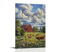 XMHMYHZJ Poster artistico da appendere alla parete, motivo: "A Summer Day on the Farm" con mucche al pascolo e un fienile rosso, decorazione moderna da appendere, 20 x 30 cm