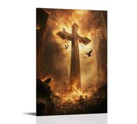 XMHMYHZJ Poster artistico da appendere con colombe che volano verso l'alto da una rovina della cattedrale, formando la forma di una croce nel cielo ardente. Decorazione artistica da parete moderna da
