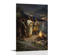 XMHMYHZJ Poster artistico da appendere con Cristo che appare sulla riva ai pescatori dopo la resurrezione, il fuoco scoppiettante e il riconoscimento che sorge in gioiosi sussulti. Decorazione
