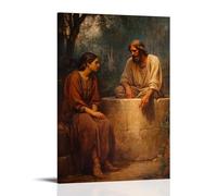 XMHMYHZJ Poster artistico da appendere con Cristo che riposa in un pozzo con i piedi polverosi, i suoi occhi pieni di pace come una donna samaritana ascolta con mani tremanti. Decorazione artistica da