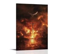 XMHMYHZJ Poster artistico da appendere con fiamme che circondano una città mentre una croce sorge dal fumo, una colomba che vola verso l'alto dal suo centro. Decorazione artistica da parete moderna da
