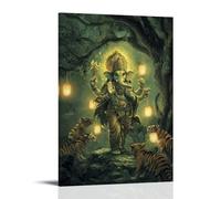 XMHMYHZJ Poster artistico da appendere con Ganesha Balla sotto gli alberi delle lanterne mentre le tigri si inchinano in cerchi lenti intorno a lui. Decorazione artistica da parete, poster artistico