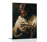 XMHMYHZJ Poster artistico da appendere con Gesù che mette la mano sulla testa di un serpente, calma il corpo tremante con la pace di una parola sacra. Decorazione artistica da parete moderna da