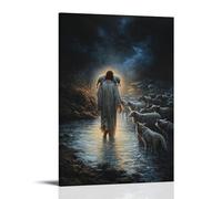 XMHMYHZJ Poster artistico da appendere con Gesù che solleva l'agnello sulle spalle e entra in un fiume incandescente mentre i lupi si radunano sulla riva. Decorazione artistica da parete moderna da