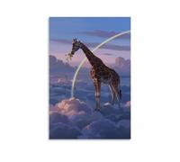 XMHMYHZJ Poster artistico da appendere con giraffa che mangia foglie tra le nuvole, collo avvolto intorno a un arcobaleno, con nuvole che rotolano sotto gli zoccoli, decorazione moderna da appendere