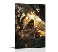 XMHMYHZJ Poster artistico da appendere con immagine di Gesù sotto gli ulivi, Gesù culla un agnello tremante mentre la luce dell'alba dorata trafigge gli antichi rami. Decorazione artistica da parete