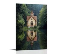 XMHMYHZJ Poster artistico da appendere con immagine di una cappella in piedi vicino a un lago tranquillo, il suo riflesso gemellato nella quiete e nel paradiso, decorazione moderna da appendere, 30 x