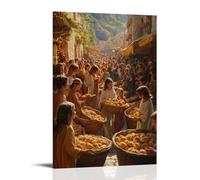 XMHMYHZJ Poster artistico da appendere con scritta "Gesù che alimenta migliaia di persone con pane moltiplicato, cestini che traboccano mentre i bambini ridono e la luce del sole riscalda la collina