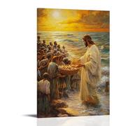 XMHMYHZJ Poster artistico da appendere con scritta "Gesus Blessing Five Loaves And Two Fish Beside The Sea, As Crowds Gather Under Golden Skies with Hope in Their Hearts". Decorazione artistica da