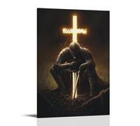 XMHMYHZJ Poster artistico da appendere con scritta in inglese "A Battle-worn Knight kneels before a glowing cross, his sword buried in the suolo, occhi sollevati verso l'alba che si infrange