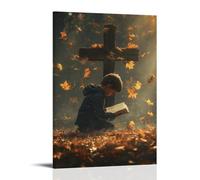 XMHMYHZJ Poster artistico da appendere con scritta in inglese "A Child Kneels before a wooden cross, clutching a strappato Bibbia mentre foglie dorate turbinano intorno a lui nel vento". Decorazione