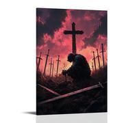 XMHMYHZJ Poster artistico da appendere con scritta in inglese "A Knight kneels before the cross at twilight, circondato da spade spinte nella terra come preghiere silenziose". Decorazione artistica da