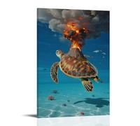 XMHMYHZJ Poster artistico da appendere con tartaruga marina che trasporta un'isola di corallo, che affonda lentamente nel mare profondo, con un vulcano che erutta sul retro, decorazione artistica da