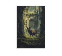 XMHMYHZJ Poster artistico da appendere con un alce che cammina attraverso antiche rovine ricoperte di muschio, dipinto in una grandezza sbiadita, decorazione moderna da appendere, 60 x 90 cm