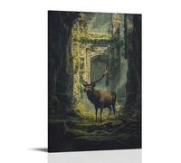 XMHMYHZJ Poster artistico da appendere con un alce che cammina attraverso antiche rovine ricoperte di muschio, dipinto in una grandezza sbiadita, decorazione moderna da appendere, 20 x 30 cm