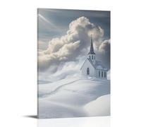 XMHMYHZJ Poster artistico da appendere con una cappella bianca che sorge da un terreno innevato, il suo ripido che penetra le nuvole come un dito che punta verso il cielo. Decorazione artistica da