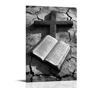 XMHMYHZJ Poster artistico da appendere con una croce stagionata che proietta la sua ombra attraverso la terra incrinata mentre una Bibbia gira lentamente le pagine senza vento. Decorazione artistica