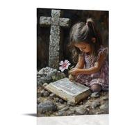 XMHMYHZJ Poster artistico da appendere con una giovane ragazza che pianta il suo primo fiore sotto una croce di pietra, segnando la pagina nella sua Bibbia con il suo petalo. Decorazione artistica da