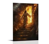 XMHMYHZJ Poster artistico da appendere in cima a un'antica scalinata, Cristo apre una porta dorata che rivela un mondo di pace oltre la fiamma. Decorazione artistica da parete moderna da appendere, 50