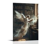 XMHMYHZJ Poster artistico da appendere in stile moderno, 40 x 60 cm, in una biblioteca dei libri dimenticati, un angelo apre un volume polveroso e le parole prendono il volo