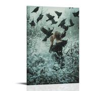 XMHMYHZJ Poster artistico da appendere in stile moderno, decorazione artistica da appendere, 50 x 75 cm, in una foresta ghiacciata, un angelo scioglie la neve sotto di lei mentre gli uccelli si