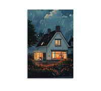 XMHMYHZJ Poster artistico da parete con casa bianca sotto la pioggia e il cielo illuminato da parete, decorazione moderna da appendere, 50 x 75 cm