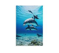 XMHMYHZJ Poster artistico da parete con immagine di tre delfini che si tuffano e una barriera corallina, decorazione moderna da appendere (40 x 60 cm)