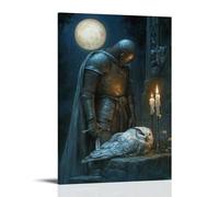 XMHMYHZJ Poster artistico da parete con scritta in inglese "Beneath the Moonlit Wings - A Knight Stands Guard Beside A Sleeping Owl and A Flickering Candle" (30 x 45 cm)