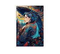 XMHMYHZJ Poster artistico da parete con una bella donna con piume e colori vivaci in una città, decorazione moderna da appendere, 40 x 60 cm