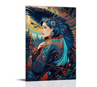 XMHMYHZJ Poster artistico da parete con una bella donna con piume e colori vivaci in una città, decorazione moderna da appendere, 30 x 45 cm