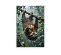 XMHMYHZJ Poster artistico da parete, decorazione moderna da appendere, motivo: bradipo appeso a testa in giù su una foresta pluviale tropicale, artigli che afferrano un mango, gocce di pioggia che